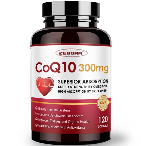 [BRSRMAQ2B4HWMFLO] ZEBORA CoQ10-300mg-Softgels with PQQ, BioPerine & Omega-3, 120 Servings Coenzyme Q10 (Ubiquinone) Supplement for High-Absorption, Powerful-Antioxidant, Support Heart-Health & Energy-Production