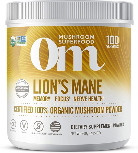 [BRSWIHD7OZ6WAHDC] Om Organic Mushroom Nutrition Lion's Mane: Memory, Focus, Nerve Health, 100 servings, 7.14 Ounce, 200 Gram