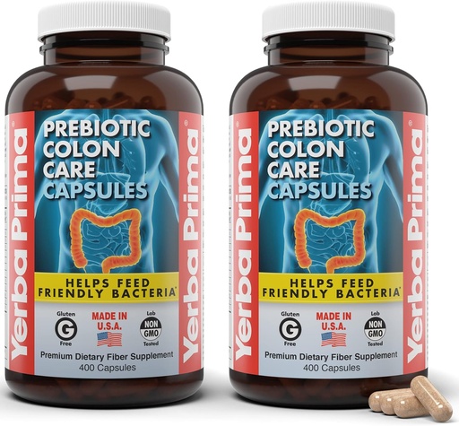 [BRSW2BT4DEIBADQ7] Yerba Prima Prebiotic Colon Care Capsules, 400 Caps (Pack of 2) - Five Forms of Dietary Fiber Supplement - Healthy Soluble & Insoluble Fibers for Regularity & Digestive Support