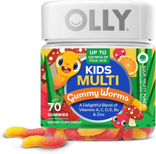 [BRSROAYCBBYRU2Q7] OLLY Kids Multivitamin Gummy Worms, Global Health and Immune Support, Vitamins and Minerals A, C, D, E, Bs and Zinc, Chewable Supplement, Sour Fruit Punch, 45 Day Supply (70 Cuenta)