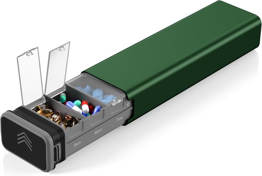 [BRSROAYKBMHQI3DH] 7 dagers ukentlig Metal Pill Organizer Reise, Kursoaya Premium Aluminium Daily Pill Box, Søt Portable Pill Case, Stor kapasitet Pill Holder for kosttilskudd, piller, vitaminer, medisin (Hunter Grønn)