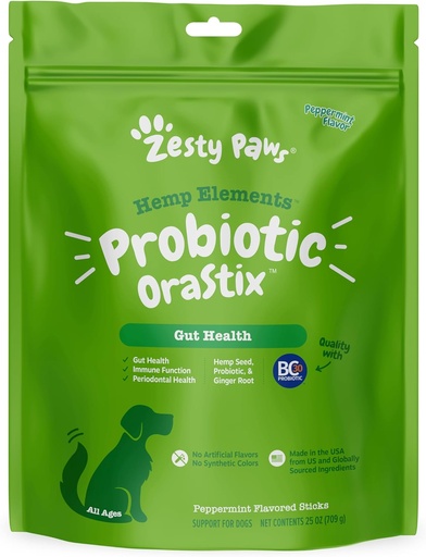 [BRSWGBQLAENAMHTD] Zesty Paws OraStix for Dogs - Probiotic Sticks with Hemp Seed Curcumin Ginger Root Taurine - Supports Gut Function Flora Immune System Proprietary Healthy Teeth Gum Blend - 25oz