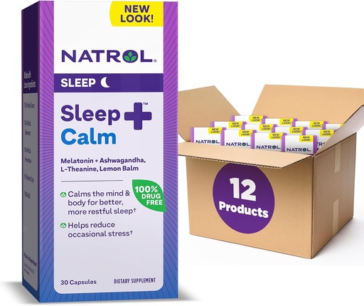 [BRSRMADRBB5B62DH] Natrol Sleep + Calm Melonatin 6mg Dengan Ashwagandha, L-Theanine dan Lemon Balm, Tambahan Dietary Untuk Tidur Berbekal dan Tenangkan Pikiran, 30 Kasules, Persediaan 30 Hari (Paket 12)