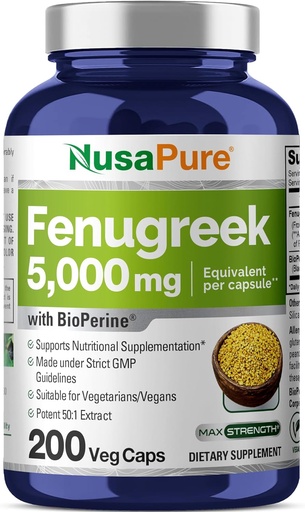 [BRSRMYACDMDQKCA4] NusaPure Fenugreek Capsules, 50:1 Extract, 100 mg Equivalent to 5,000mg, 200 Veggie Caps, Non-GMO, Vegan