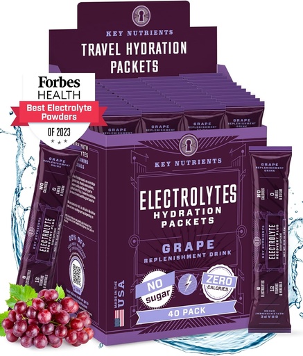 [BRSW22YTOB7QYFDA] KEY NUTRIENTS Electrolytes Powder Packets - Fruity Grape 40 Pack Hydration Packets - Travel Hydration Powder - No Sugar, No Calories, Gluten Free - Made in USA