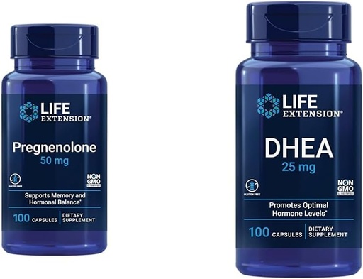 [BRSRAYIFCMBQOHIY] Extensión de vida Pregnenolona 50mg y DHEA 25mg - Equilibrio hormonal y Suplementos Anti-Envejecimiento - 100 cápsulas cada uno