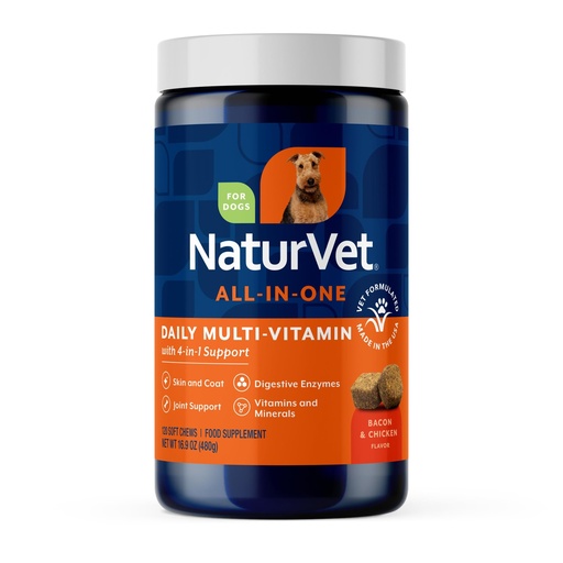 [BRSWIHL7AUABWHDU] NaturVet All-in-One Dog Supplement - for Joint Support, Digestion, Skin, Coat Care – Dog Multivitamins with Minerals, Omega-3, 6, 9 – Wheat-Free Vitamins for Dogs – 120 Soft Chews