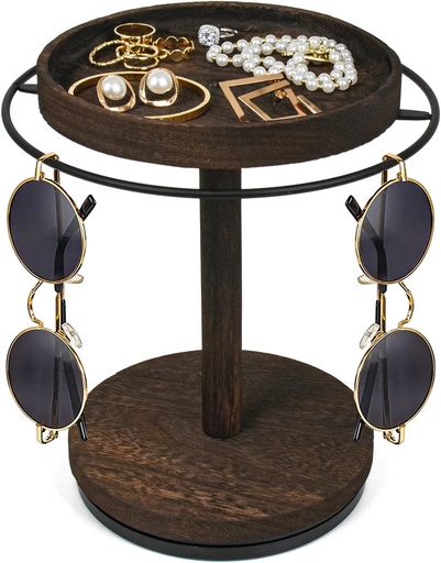 [BRSRAZQ5AQPGMCY6] Sunglasses Organizer 360° Rotating Eyeglass Holder Stand with Wood Tray and Base, Eye Glass Display Rack for Multiple Sunglass Storage for Table Dresser Nightstand Desk