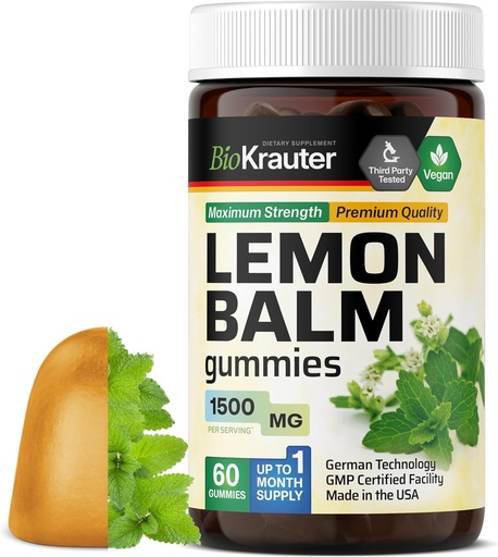 [BRSRMEIDO4GRQELL] BIO KRAUTER Lemon Balm Gummies - 1500 mg Strength - 60 Vegan Chews - Calmness Support - Lemon Balm Leaf Extract - Gelatine-Free