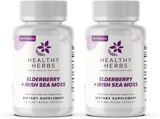 [BRSRAGAYBADQA23F] Healthy Herbs Wildcrafted Elderberry Sea Moss Capsules | 2600mg Irish Sea Moss + Elderberry Essentials Blend | US-Made, Vegan, Non-GMO, Easy-Swallow (2-Pack)