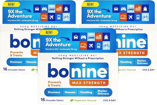 [BRSRMCAYBUGR6EL2] Bonine MAX Chewable for Motion Hastaness Relief - Meclizine HCL 50mg ile - Max Strength Formula Nausea veya Canness - Cruise Essentials - Peppermint - 16 Chewable Tabletler, 3 Pack