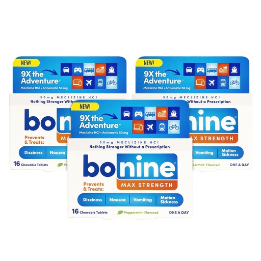 [BRSRMCAYBUGR6EL2] Bonine MAX Chewable for Motion Sickness Relief - with Meclizine HCL 50mg - Max Strength Formula to Treat Nausea or Motion Sickness - Cruise Essentials - Peppermint - 16 Chewable Tablets, 3 Pack