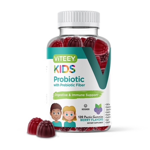 [BRSW2GANAQHWKALG] Viteey Probiotic Gummies for Kids Plus Prebiotics Fiber - 2 Billion CFUs - Digestive Health,Gut Health, Constipation Relief for Kids Support - Vegan, Gelatin Free - Chewable Probiotic Berry Flavored