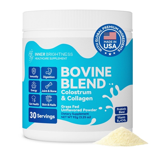 [BRSRAFAFOQMBAEY3] Inner Brightness Bovine Colostrum & Collagen Powder for Gut Health, Immune Support, Hair Growth & Beauty Supplement, Sugar Free – IgG, Probiotics, Vitamin B12, C, D3 – Unflavored, 30 Servings