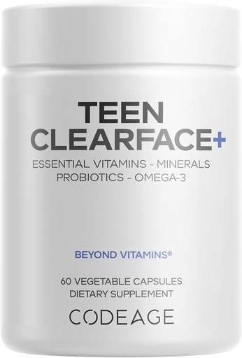 [BRSWYFIYBEBG23T3] Codeage Tiener Clearface Adolescent Face, Skin & Pimples, Vitamines A, C, D3, E, Pantothenic Acid, Niacin, Zink Supplement Tieners, Probiotica, L-Lysine, Omega-3, Oily Skin, Pores, Spots - 60 Capsules