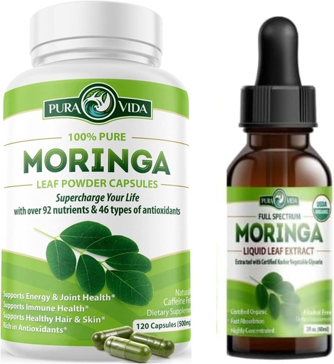 [BRSROZA7BANA2G35] PURA VIDA MORINGA kapslid (120 loendurit) ja Moringa Leaf ekstrakti tilgad (2fl oz)