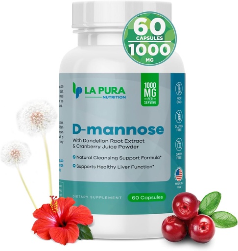 [BRSROGDQDEMWYCIV] LaPura D-mannose 1000 mg Supplement with Cranberry Juice Powder, Hibiscus Flower & Dandelion Herb Extract, 60 Capsules - Natural Cleansing Support, Healthy Liver, Bladder, Urinary Tract Function