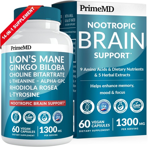 [BRSROHT3OF5GAA3F] 14-in-1 Lions Mane Supplement Capsules - Nootropic Brain Supplement with Ginkgo Biloba for Brain Support, Memory and Focus - Alpha GPC, L Theanine & Choline Supplements with 1300mg Per Serving (60 ct)