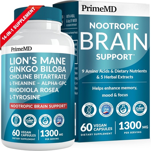 [BRSROHT3OF5GAA3F] Capsules supplémentaires 14-en-1 Lions Mane - Supplément Cerveau Nootropique avec Ginkgo Biloba pour le soutien, la mémoire et la focalisation du cerveau - Suppléments Alpha GPC, L Theanine et Choline avec 1300mg par portion (60 ct)