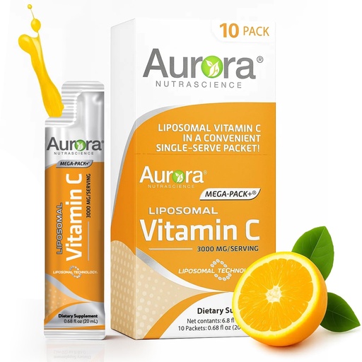 [BRSRAGQQCN6RGAI7] Aurora Nutrascience Liposomal Liquid Vitamin C - Healthy Immune Support Supplement for Adults, Sugar Free, 3000 mg per Serving, Vegan, Gluten Free, Non-GMO - 10 Single Serve Packets, Orange