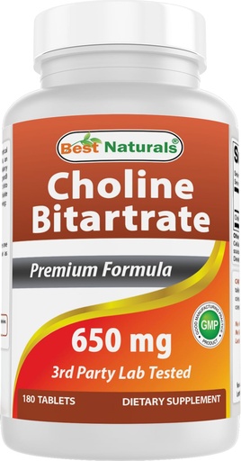 [BRSWKYIKCEDWOCQV] Best Naturals Choline Bitartrate 650 mg (Non-GMO) for Healthy Cognitive Brain Function 180 Tablets