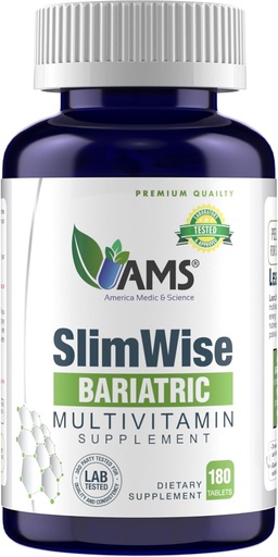 [BRSROZI2B4CQG3TO] America Medic & Science SlimWise Bariatric Multivitamin – 180 Caplets | 2-Month Supply | Post Gastric Bypass & Sleeve Support | Iron, B12, Vitamin D3, Folate | Easy-to-Swallow Bariatric Vitamins