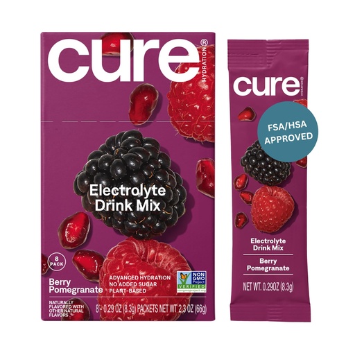 [BRSWYAQEPN7WOFA6] Cure Hydration | Plant-Based Electrolyte Drink Mix | No Added Sugar | FSA-HSA | Dehydration Relief Powder Made with Coconut Water | Non-GMO | Vegan | Box of 8 Packets - Berry Pomegranate
