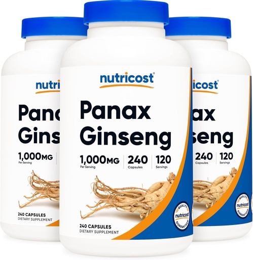 [BRSWGEDQB4ARSCLK] Nutricost Panax Ginseng 1000mg, 240 Capsules, 3 Bottles - Non GMO, Gluten Free, 120 Servings