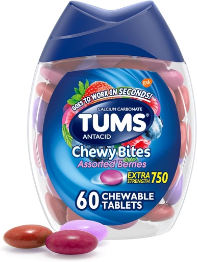 [BRSWGYYBORYGG2TK] TUMS Chewy Bites Tablas de ácido para el alivio de la acidez picante y el alivio de la indigestión ácida, bayas surtidas - 60 cuenta