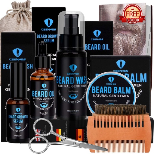 [BRSWYAD4CQDROFDP] Beard Kit de baño,Beard Kit con aceite de barba,Beard Growth Serum,Beard Wash, Beard Balm,Beard Brush, Beard Comb, Beard &amp; Mustache Tijeras Crecimiento de barba Kit Regalos únicos para hombres