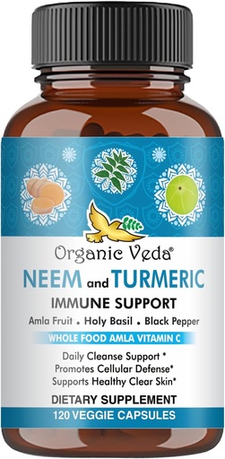[BRSWYA33C4MQMGTA] Organic Veda Neem & Gurkemeje kapsler med Amla Frugt, Tulsi, Holy Basilikum, Black Pepper Extract - immunsupport kosttilskud - øger sund klar hud & cellulær forsvar - 120 Veganske kapsler