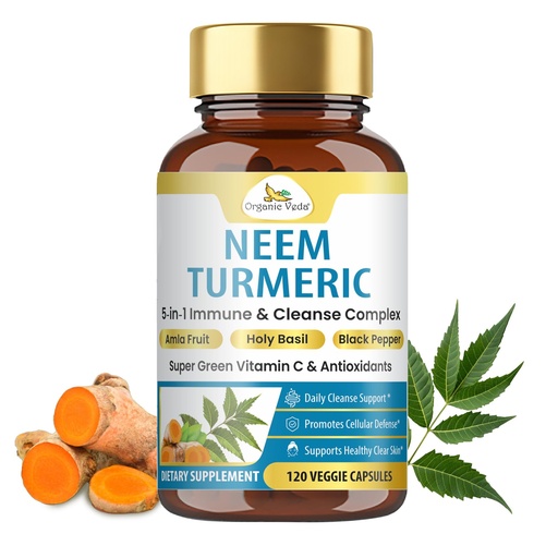 [BRSWYA33C4MQMGTA] Organic Veda Neem Turmeric Capsules - 5 in 1 Herbal Complex with Amla Fruit, Holy Basil, Black Pepper - Immune, Cleanse, Skin & Gut Health Supplement with Vitamin C & Antioxidants 120 Vegan Capsules