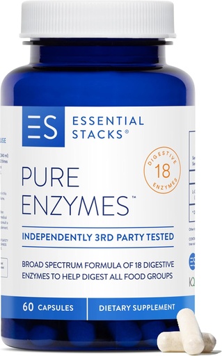 [BRSWGFQQBABA2HTX] Piles essentielles Enzymes digestifs purs (sans gluten, sans lait et sans soja) - 18 Enzymes pour la digestion incluant Amylase, Lipase et Lactase - Végétariens et non-OGM (60 capsules)