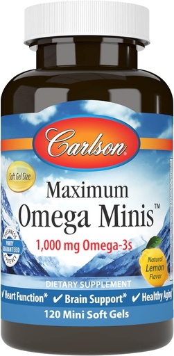 [BRSWGAT7DIIGGFD7] Carlson - Máximo Omega Minis, 1000 mg Omega-3s, Función cardíaca, Apoyo cerebral " Envejecimiento saludable, Lemon, 120 Mini Softgels