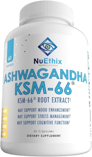 [BRSRA2YYDEMQMETP] NuEthix Formulations Ashwagandha KSM 66, 500mg of KSM-66 Root Extract, Mood, Stress, & Cognitive Support, BioPerine Black Pepper Extract, Gluten Free, Vegetarian, Non-GMO, & Dairy Free, 60 Servings