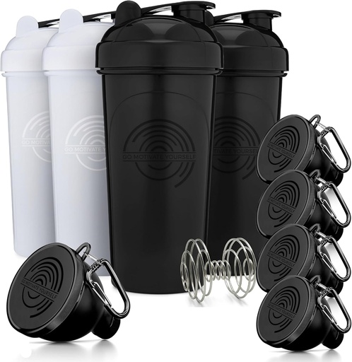 [BRSRAYI7BZ7RM23B] GOMOYO Fitness Bundle - 4-Pack Shaker Flaschen mit Agitator + 5-Pack Protein Funnels mit Carabiner, BPA-Free & Spülmaschine Safe