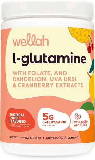 [BRSRAA37A4GQAHTO] Wellah L-Glutamine Powder Tropical Punch (50 Servings) - 5g L-Glutamine Per Serving, Sweetened with Stevia