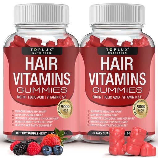 [BRSWYCQNB4IR433J] Hair Vitamins Gummies Supplement – Faster Hair Growth Gummy 5000mcg Biotin, Folic Acid, Vitamin C & E, Support Stronger & Thicker Hair, Skin, Nails, Non-GMO, for Men Women, 60 Berry Flavored Gummies