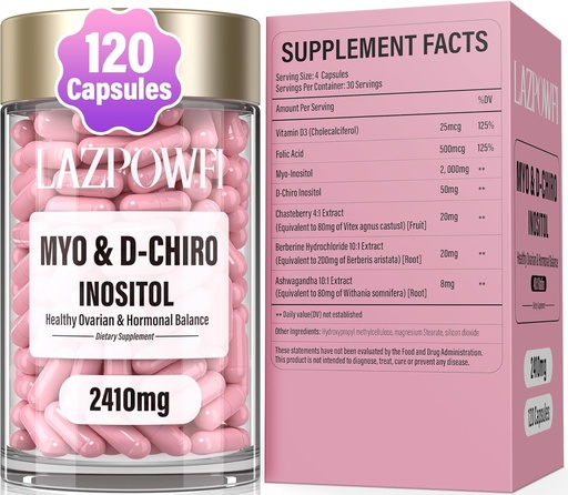 [BRSRAGAYDJ6QYDI6] Inositol Supplement – Myo-Inositol & D-Chiro Inositol med Chasteberry, Berberine & Ashwagandha – Ideell 40:1 Blande med folat & vitamin D – Vegansk kvinners velvære formel – 120 kapsler