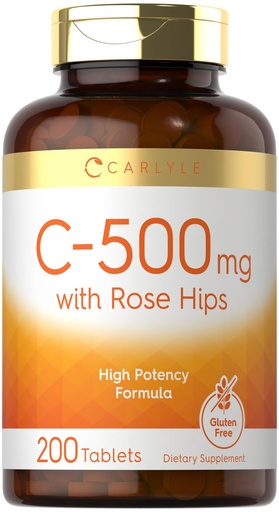 [BRSWYCQLBMCWOAAU] Carlyle Vitamin C 500mg | with Rose Hips | 200 Tablets | High Potency Formula | Vegetarian, Non-GMO, Gluten Free Supplement