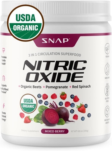 [BRSRMCAROAPGO3T3] Snap supplements USDA Organic Beet Root Powder, 3-in-1 Nitric Oxide supplement, Support Healthy blood Pressure and blood Circulation, 250g (Mixed Berry)