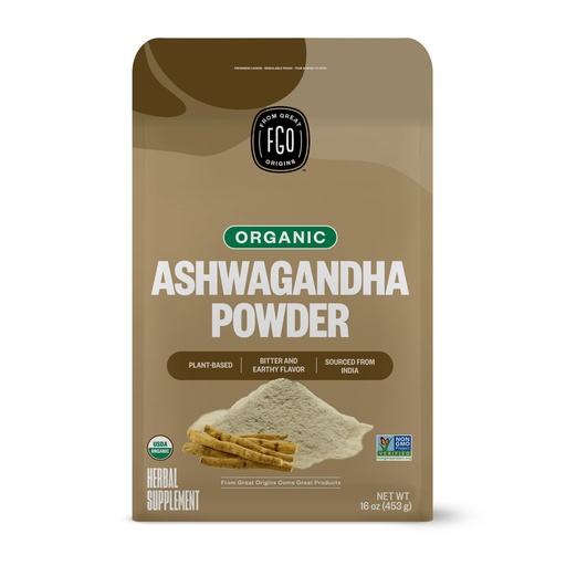 [BRSWKFTQBQNGGFDK] FGO Organic Ashwagandha Root Powder, 16oz Resealable Bulk Bag, Non-GMO, Indian Ginseng, Withania Somnifera, Sourced from India (Pack of 1)