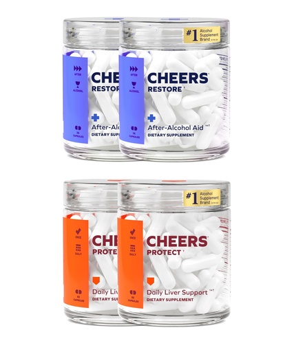 [BRSWGBA3B55GEEQV] Cheers Liver Combo | Restore + Protect | Support Your Liver & Feel Better After Drinking | DHM, L-Cysteine, Milk Thistle, Prickly Pear, B-Vitamins | 24 Doses Restore, 60 Doses Protect | Supplements