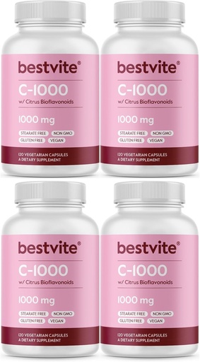 [BRSWYZYFBUCROAL6] BESTVITE Vitamin C 1000mg (480 Vegetarian Capsules) (120 x 4) with Citrus Bioflavinoids - No Stearates - Vegan - Non GMO - Gluten Free