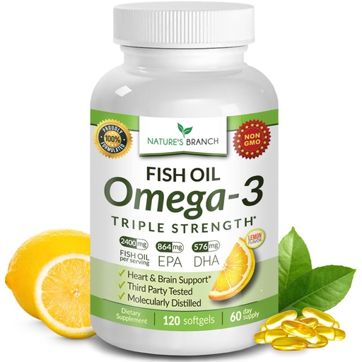 [BRSWKYAOAIDQMEDE] Triple Strength Omega 3 Fish Oil for Heart, Brain & Eye Health – EPA & DHA Fish Oil for Men & Women, Burpless Lemon Flavor, Third Party Tested, Non-GMO Omega 3 Supplements for Adults – 120 Capsules