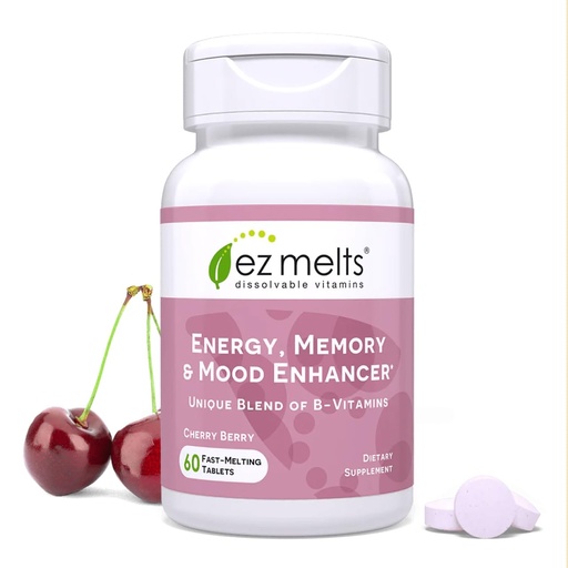 [BRSWIBA7BAPRSGTE] EZ Melts Energy, Memory & Mood Enhancer - B Vitamins Supplement with Vitamin B12, B6, Folate & Biotin - Non-GMO & Vegan - Cherry Berry - 60 Dissolvable Tablets (60 Servings)