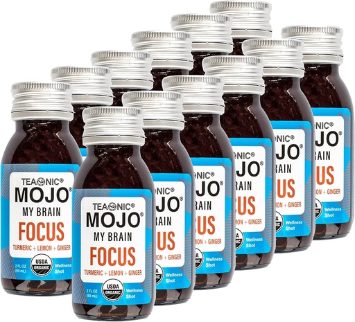 [BRSWGAA3C4BRGCT5] TEAONIC My Brain Mojo: Focus Wellness Shots - USDA-Certified Vegan Formula with Ginkgo Biloba, Ginger, Turmeric - 12 Bottles x 2 Fl Oz Each - Gluten-Free, Non-GMO