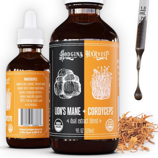 [BRSROBQCCQJROYD7] Hodgins Harvest Organic Lion’s Mane + Cordyceps Tincture | Made with Mushrooms Grown On Our Farm in The USA | Dual Extract | Extra-Concentrated (4 fl oz)