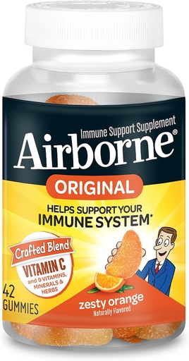 [BRSWKF37OIDAAF3O] Airborne bitamina C 750mg (zerbitzua) Zesty Orange Flavored Gummies (42 Count in a Bottle), Gluten-Free Immune Support Supplement A C E, Selenium, Echinacea, Ginger, Antioxidant