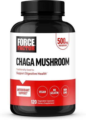[BRSROAYZBEBWO3TU] FORCE FACTOR Chaga Mushrooms Capsules, Mushroom Supplement to Support Gut Health and Digestion, Made from Real Mushrooms, Vegan, Non-GMO, 120 Capsules